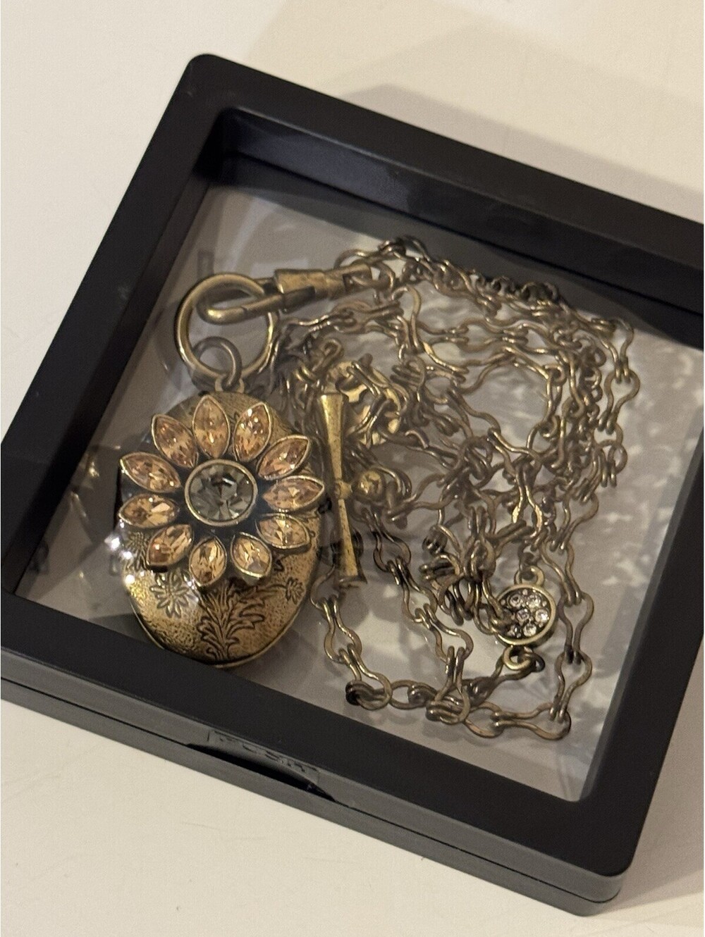 Fossil Locket Necklace Floral Crystal Rhinestone Antique Gold Bronze Long Chain